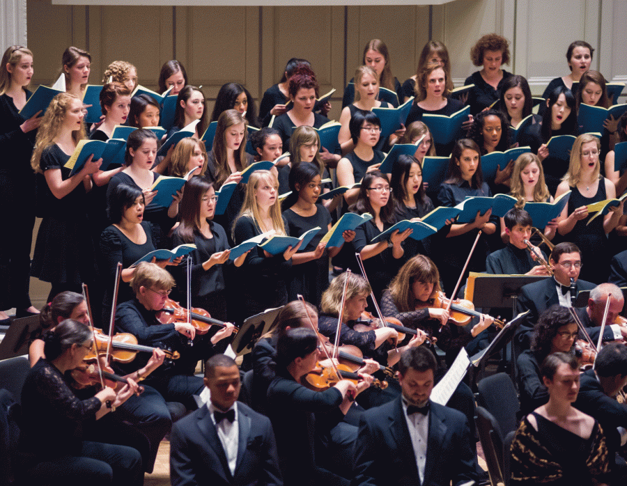 CHAMBER SINGERS AND UNIVERSITY CHORUS: These two groups united to sing classical works, including ones by Brahms, Dawson, Liszt and Rheinberger.