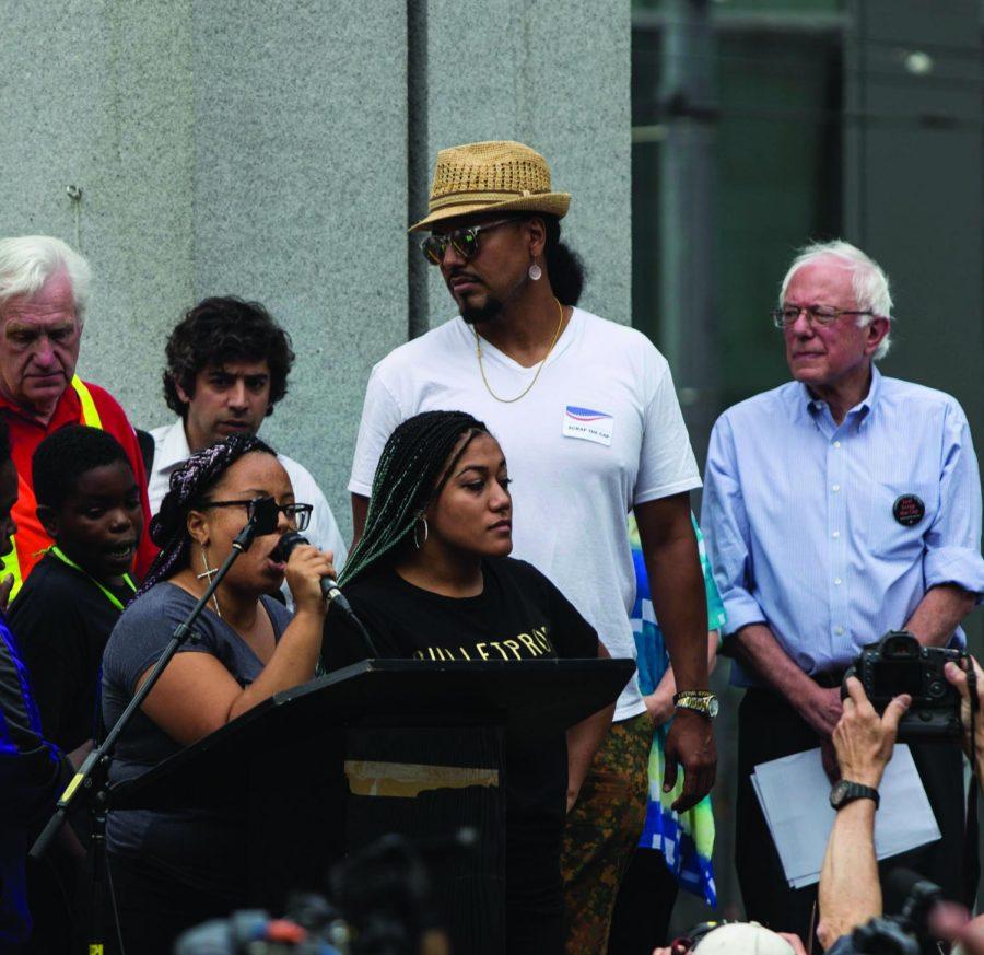  Protestors take over the stage at a Bernie Sanders rally in Seattle on August 8.
