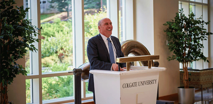 Colgate’s 17th President, Brian W. Casey, is all smiles as he addresses members of the Colgate community. Casey began his role as president on July 1, 2016.