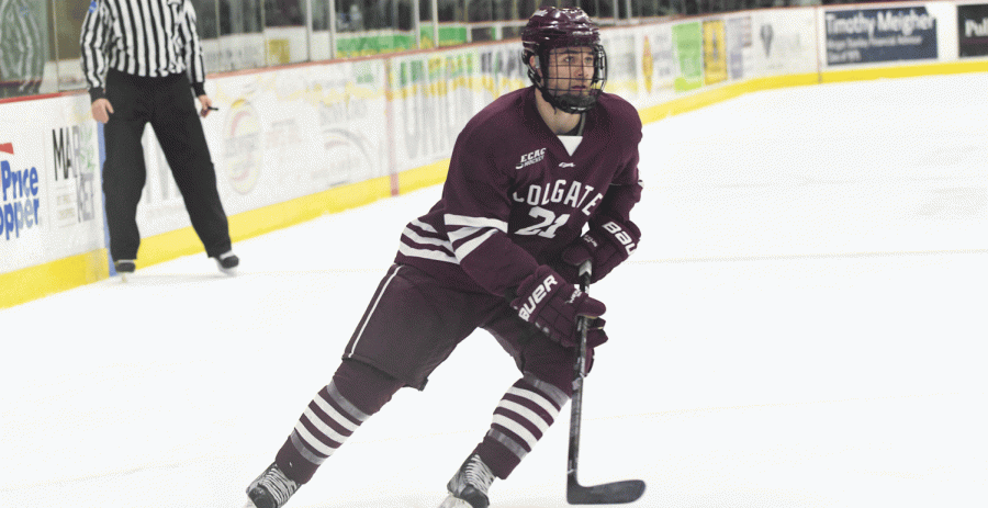 First-year forward Tyler Penner pushes the Raider offense. He scored his second goal of the season against Union; unfortunately, his goal was the only one to come from the Colgate bench. The Raiders fell to Union 3-1.