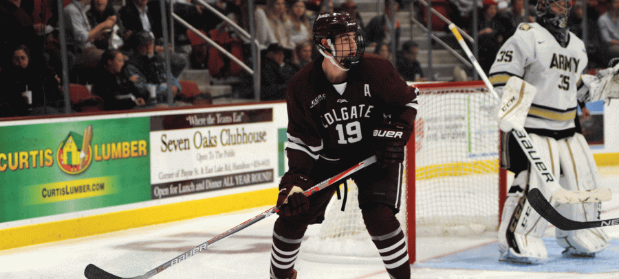 After getting drafted in 2013, Colgate senior forward Tim Harrison began his professional career this spring with ECHLs Adirondack Thunder, an affiliate team of the Calgary Flames.