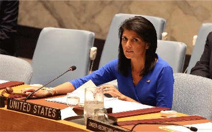 United States Ambassador to the United Nations, Nikki Haley, addresses the U.N. assembly about the recent American intervention in the Syrian civil war.