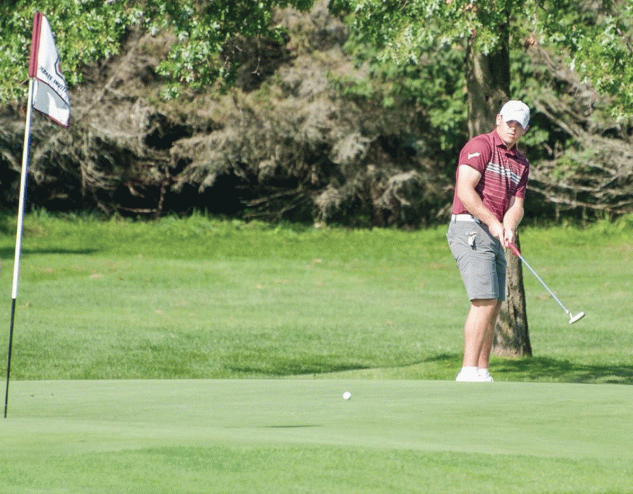 Olivieri looks on after a put last weekend at the Patriot League Tournament.