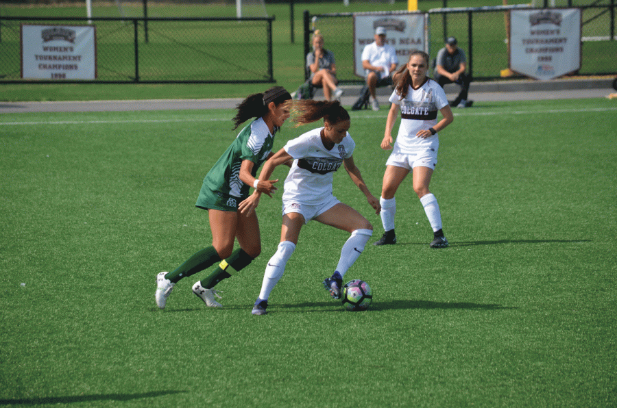 The women's soccer team dominated in its first Patriot League game.