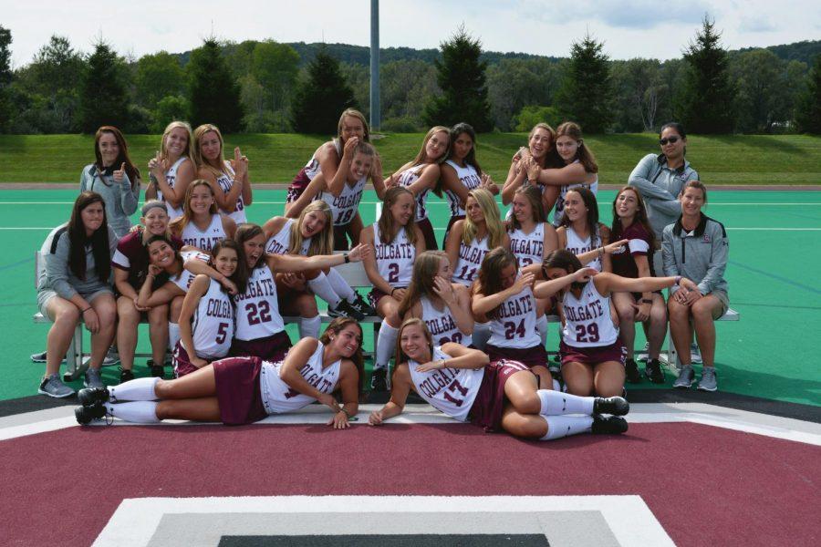 The Colgate field hockey team enjoys a couple laughs while taking their team pictures. This team has a lot of new faces with 13 first-years. 