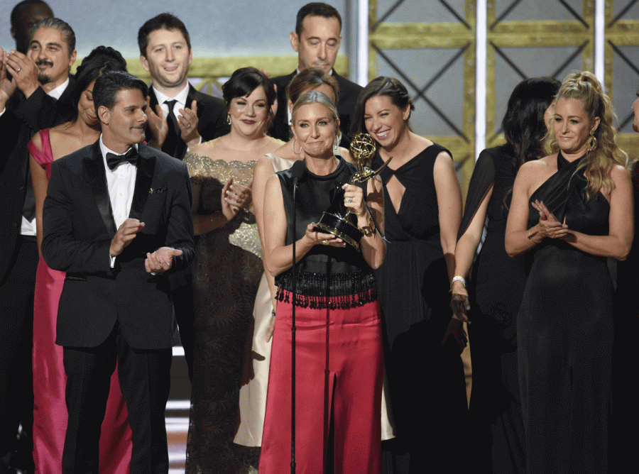 Executive Producer of “The Voice” Audrey Morrissey accepts the Emmy Award for “Outstanding Reality Competition.”