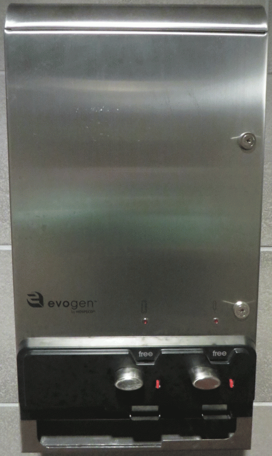 Free tampon dispensers, pictured above, have been installed in various bathrooms on campus. 