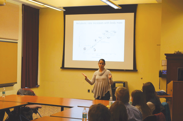Professor Ana Jimenez, pictured above, lectured on her research in the aging of dogs, and the impact of size on this process. There is little previous research on the answer to these questions. 