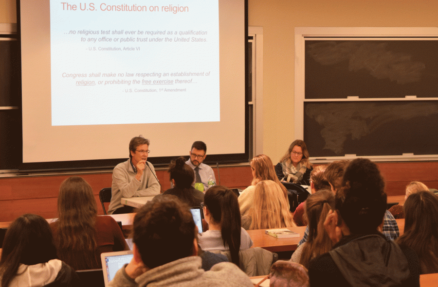 Students+gather+in+Ho+101+to+listen+to+the%C2%A0faculty+panel+on+religious+rights.+Here%2C+professors+touch+on+different+court+cases+that%C2%A0emphasize+the+history+and+impact+of+religion+within+the+United+States.