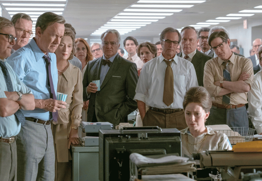 The largely Oscar-nominated cast congregate in the newsroom during a tense moment of The Post.