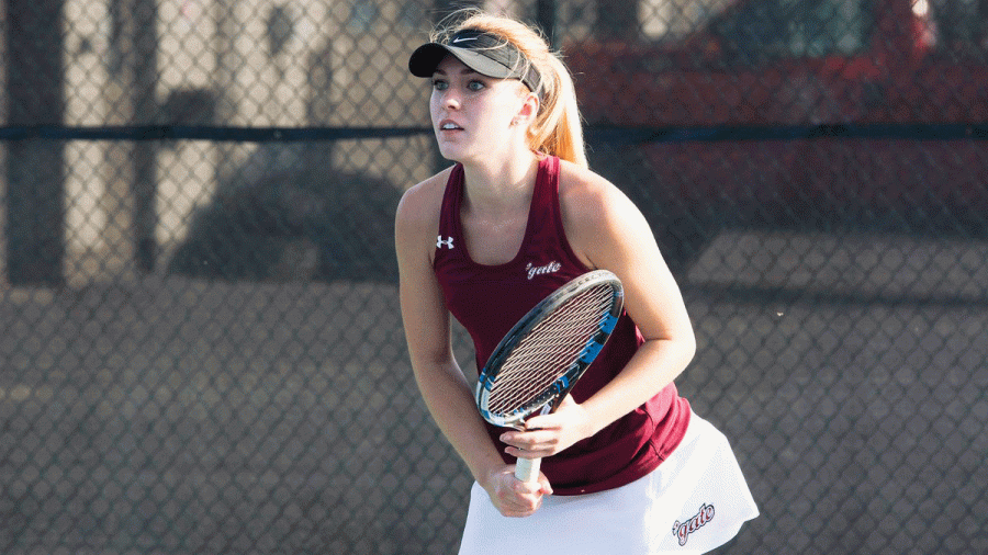 Senior captain Kelly Klein gave it her all in the last regular season match of her collegiate athletic career. Klein and partner Brown defeated their No. 2 doubles opponent, 6-4. 