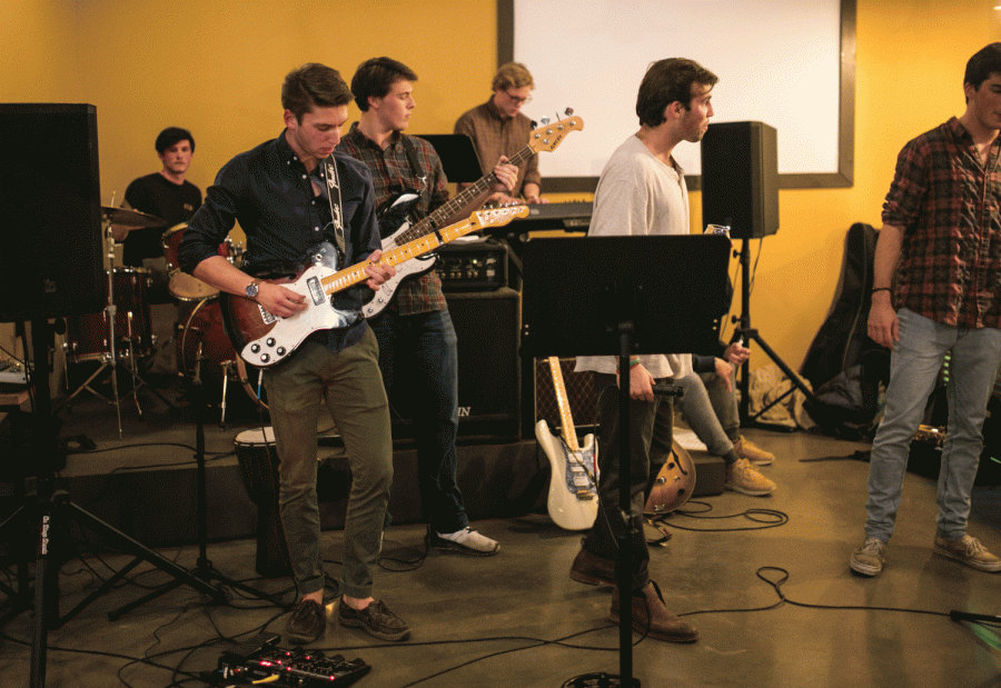 Colgate student bands (TachBand above) play at the SPW artist reveal party.