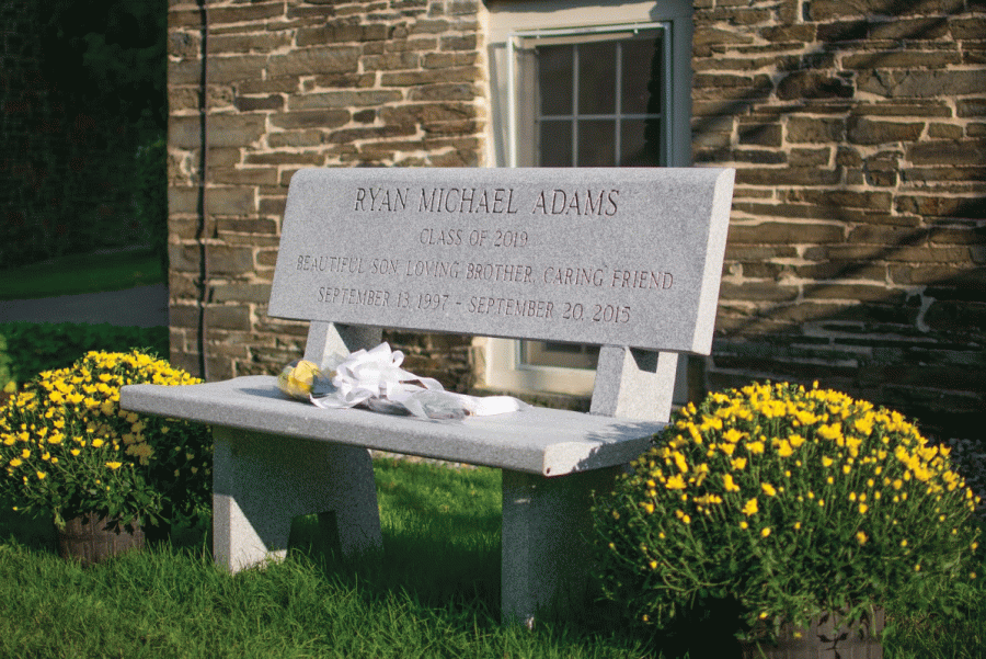 The memorial bench outside East Hall serves to honor the memory of Ryan Adams ‘19.