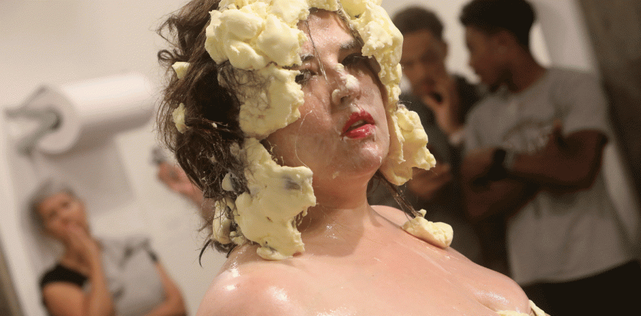 Feminist Performance Artist Jessica Posner shoots a stunning gaze back to viewers during her “Butterface” Performance in Picker Art Gallery on September 19.
