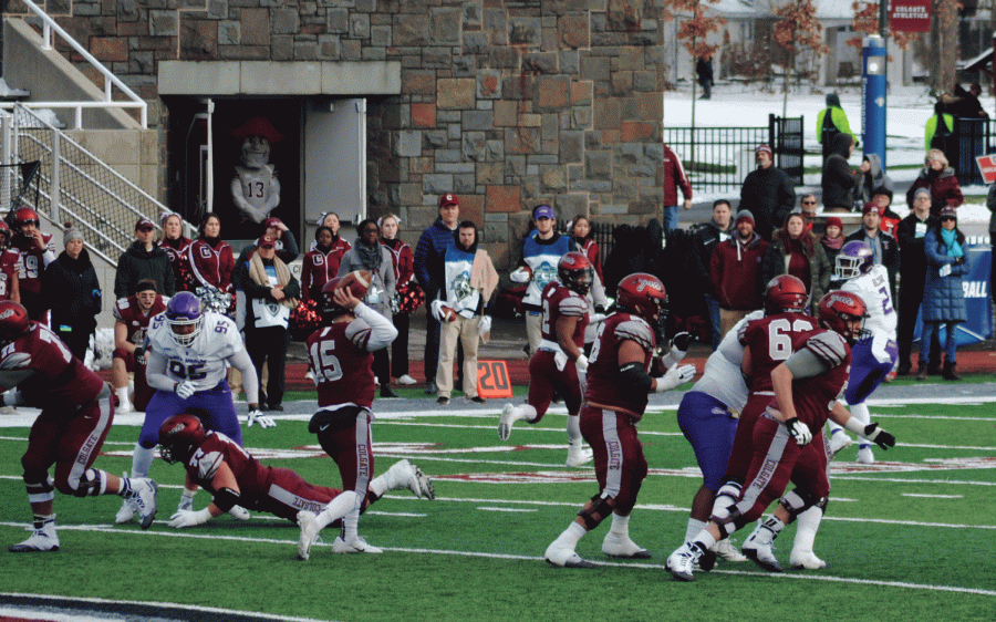 Sophomore quarterback Grant Breneman throws a pass in enemy territory. The standout quarterback led the Raiders to an epic comeback win.