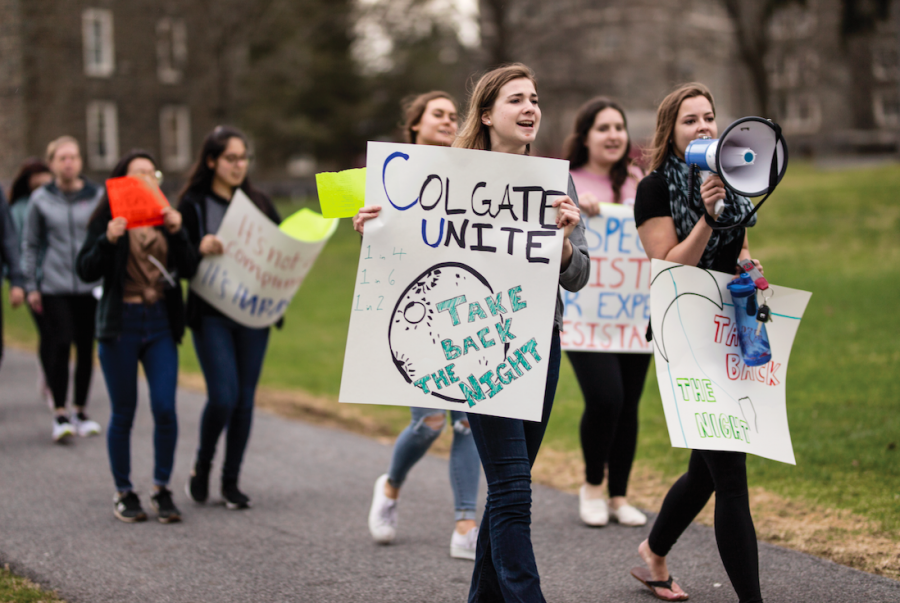Students march around campus and town to recognize Sexual Violence Awareness Month. Take Back the Night is organized annually by The Network.