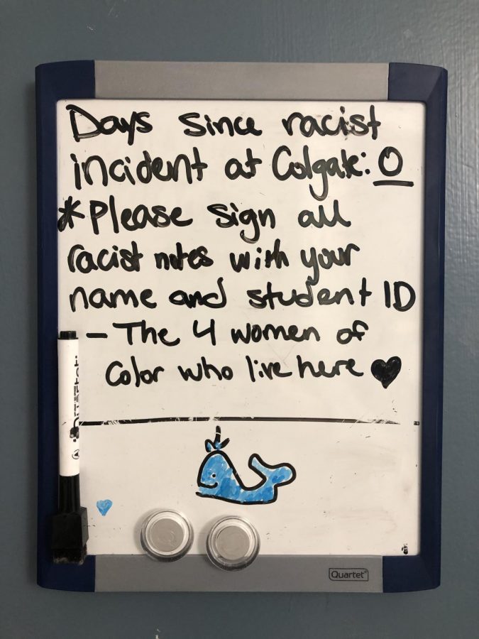 The+response+written+by+the+residents+of+the+room+targeted+by+a+racist+message.+The+whiteboard+reads%3A+Days+since+racist+incident+at+Colgate%3A+0.+Please+sign+all+racist+notes+with+your+name+and+student+ID+%5Bsigned%5D+The+4+women+of+color+who+live+here.