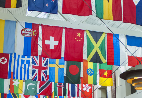 Flags in Frank Dining Hall represent the home countries of international and dual-citizen students at Colgate. According to University data, international students make up 11 percent of the incoming class of 2024. 