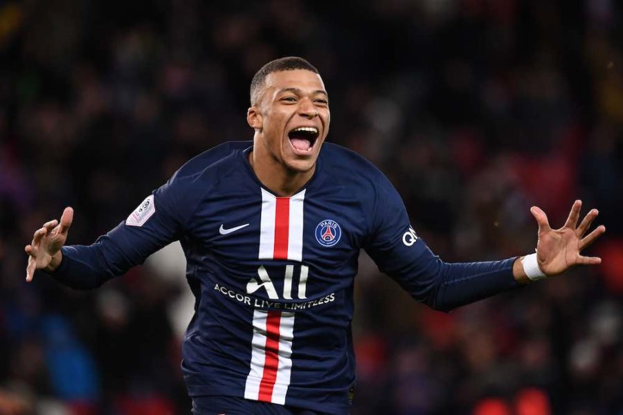 TOPSHOT - Paris Saint-Germains French forward Kylian Mbappe celebrates after scoring a goal during the French L1 football match between Paris Saint-Germain (PSG) and Dijon, on February 29, 2020 at the Parc des Princes stadium in Paris. (Photo by FRANCK FIFE / AFP) (Photo by FRANCK FIFE/AFP via Getty Images)