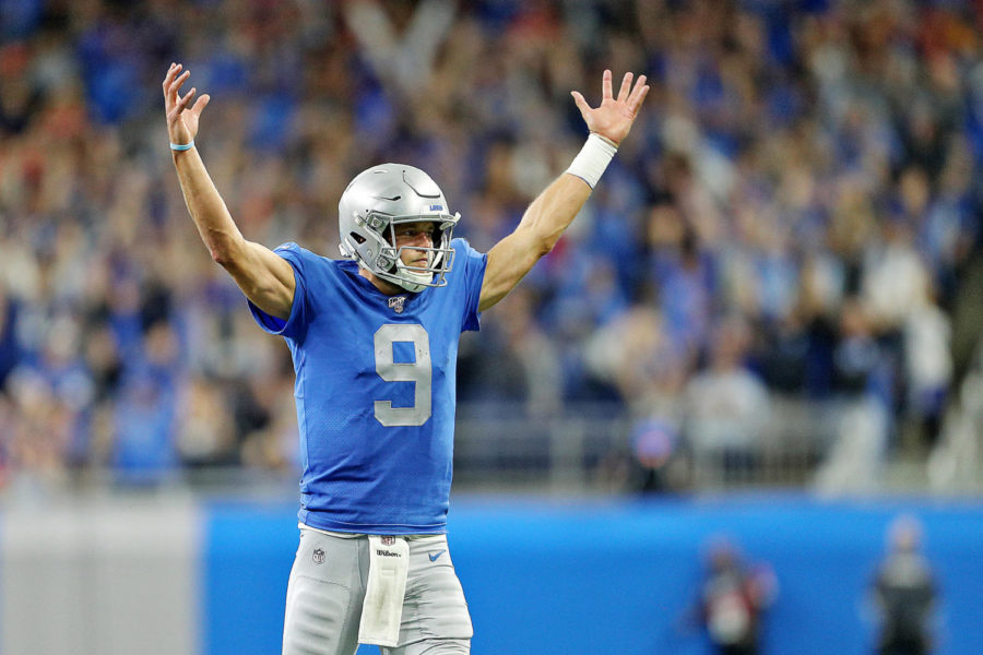 Detroit Lions quarterback Matthew Stafford (9) celebrates after a touchdown call stood after a review during their NFL game against the Kansas City Chiefs at Ford Field in Detroit, on Sunday, September 29, 2019. The Chiefs won the game, 34-30. (Mike Mulholland | MLive.com)