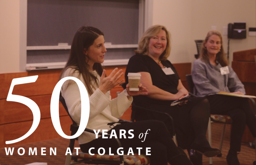 COEDUCATION CELEBRATION: (From left to right) Alumnus Kate Anderson’09, Elizabeth Sherwood Krol ’92, and Jennifer Macias ’82 spoke on a panel Saturday morning titled “Women Empowering Women” as part of Colgate’s celebration of 50 years of coeducation.