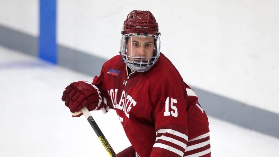 Colgates Jacob Panetta (15) during an NCAA hockey game against Providence on Friday, Nov. 1, 2019 in Providence, R.I. (AP Photo/Stew Milne)