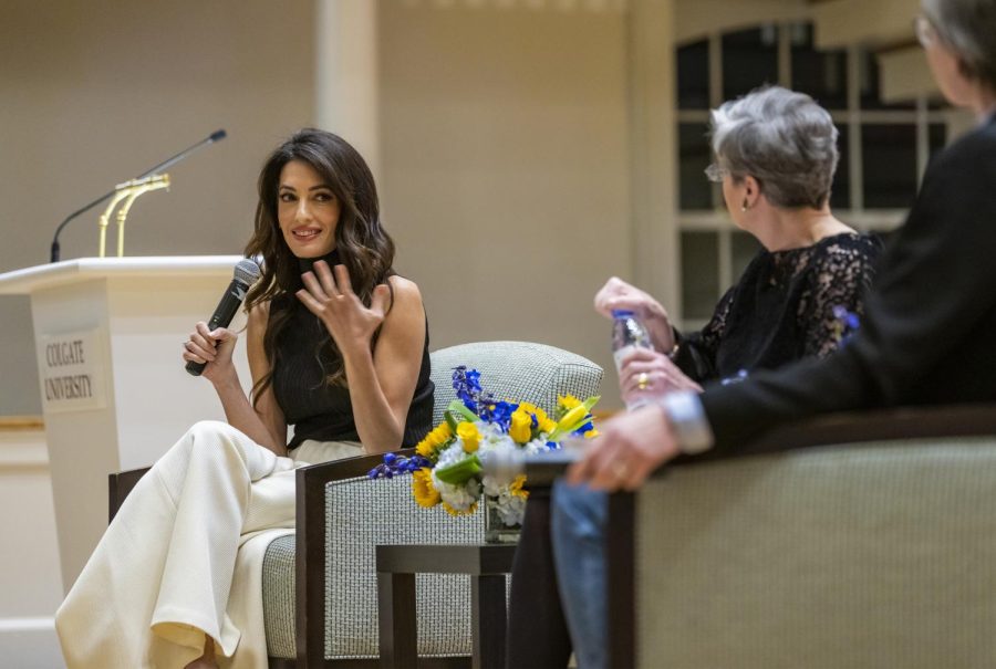 International Human Rights Lawyer Amal Clooney answers a question in the Colgate University Memorial Chapel during a speaking engagement as part of the Universitys celebration of the 50th anniversary of women at Colgate.