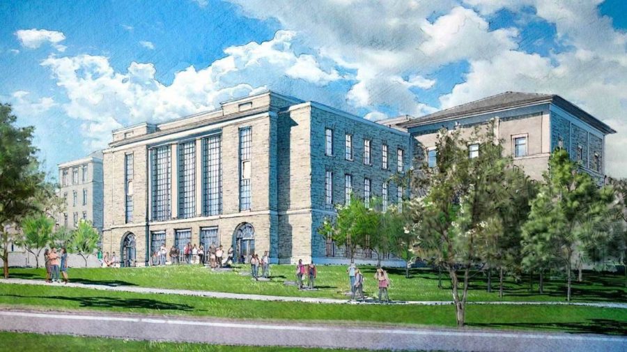 An artists depiction of a renovated Olin Hall shows a brand-new facade in the rear of the building.