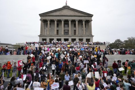 Students march on the State Capitol steps during the March for Our Lives anti-gun violence protest in Nashville, Tenn., on Monday, April 3, 2023. (AP Photo/George Walker IV)