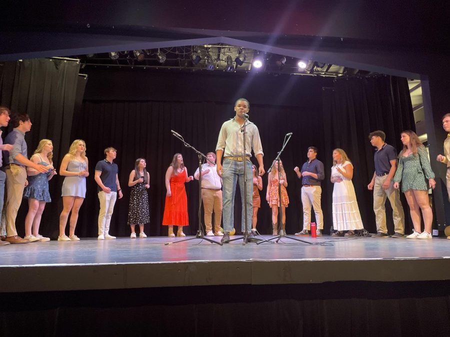 SHOWCASING STUDENT TALENT: Senior Chase Garvey-Daniels performing a solo, takes the stage with the Dischords at the second annual A Cappella Fest in the Hamilton Palace Theater. 