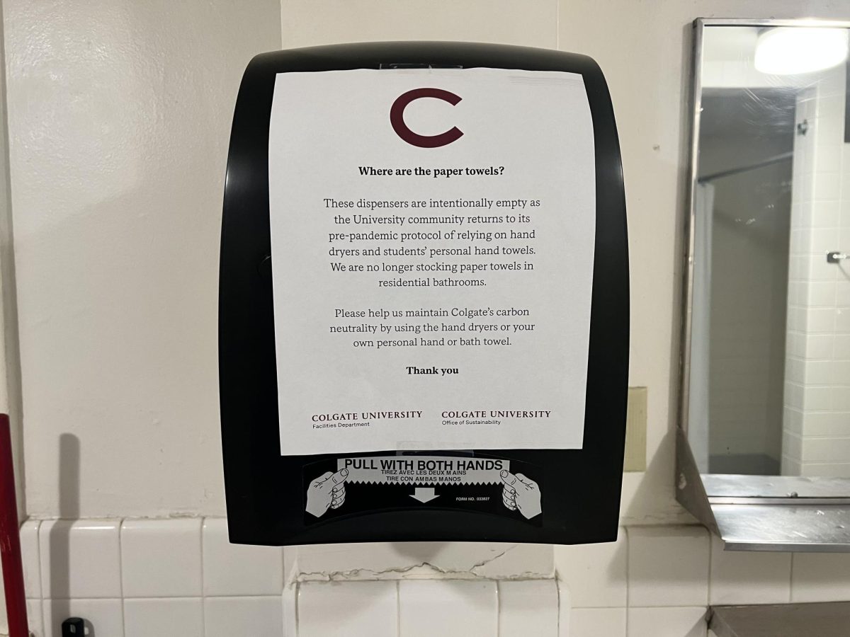 PAPER NOT PRESENT: To promote sustainability on campus, paper towels were removed from residence hall bathrooms.